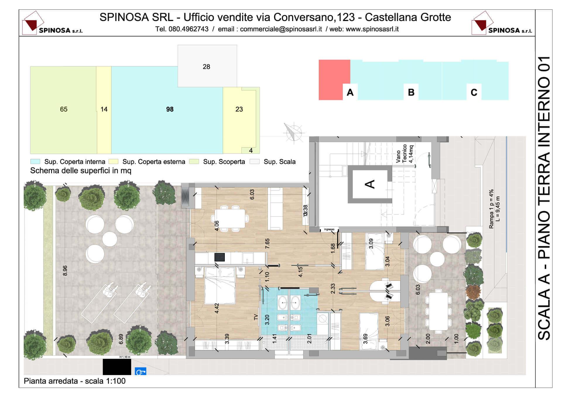 Piano terra - Scala A - residence Habitat a Monopoli - zona San Marco - Esempio di disposizione e quote degli Appartamenti classe A4+ - Spinosa srl